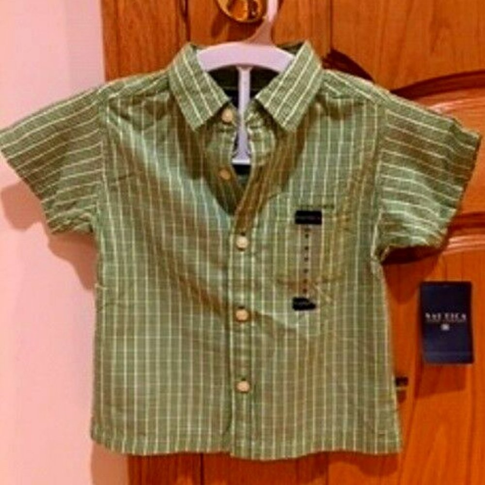 NWT Nautica Boys Shirt Casual Plaid Checked Green Short Sleeve Button Down